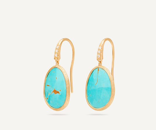 Maharaja Collection Round Turquoise and Diamond Drop Earrings in 18K Yellow Gold (0.04ctw)