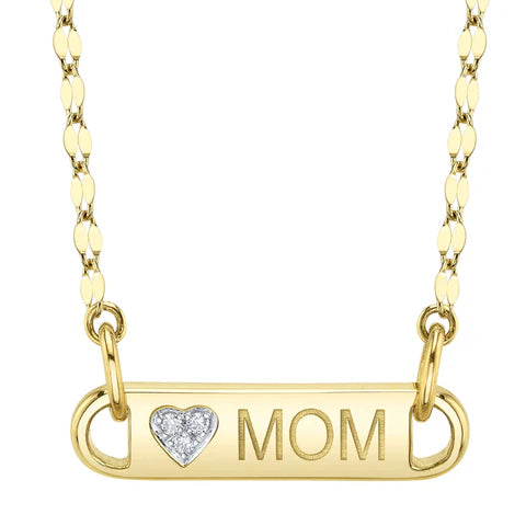 Maharaja Collection Round Diamond Heart 'MOM' Sparkle Chain Necklace in 14K Yellow Gold (0.02ctw)