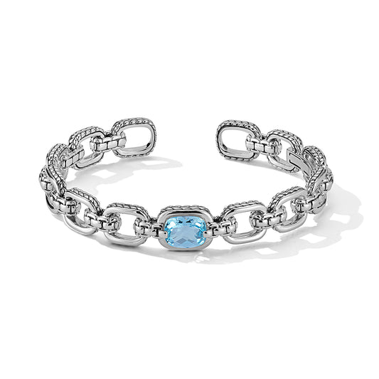 Maharaja Collection Cushion Sky Blue Topaz Statement Link Cuff Bangle in Sterling Silver (Size M)