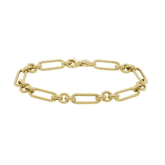 Artistry 14Kt Yellow Gold, semi-solid link bracelet with alternated elongated twisted links and round links with lobster clasp. 7", 17mm length x 6.5mm wide.