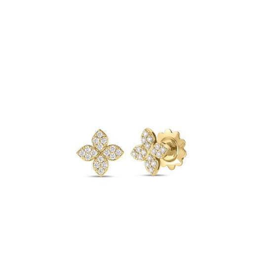 Maharaja Collection Round Diamond Love in Verona Flower Stud Earrings in 18K Yellow Gold (0.38ctw)