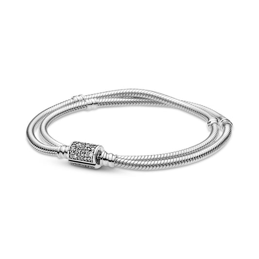 Maharaja Collection Double Wrap Barrel Clasp Snake Chain Bracelet/Necklace in Silver