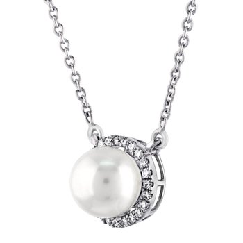 Maharaja Collection Pearl and Diamond Halo Pendant Necklace with Round Diamonds in 14K White Gold (3.55ctw)