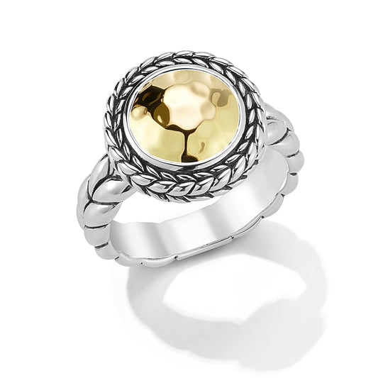 Maharaja Collection Hammered Disk Ring with Basket Weave in Sterling Silver and 14K Gold
