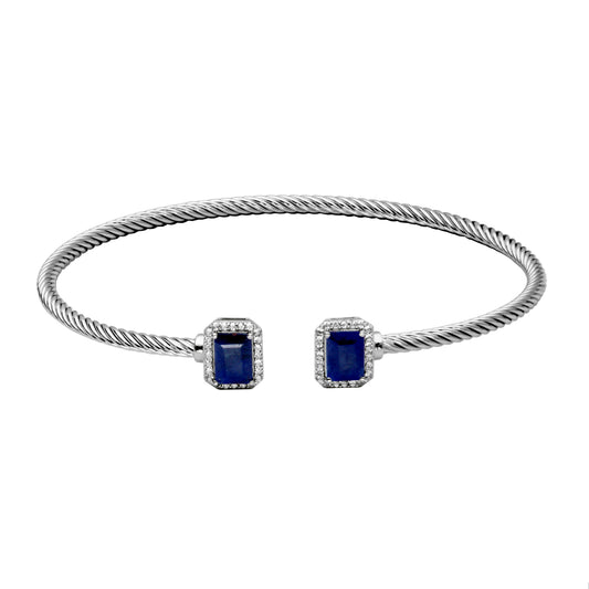 Maharaja Collection Oval and Emerald Cut Dyed Blue Corundum with White Topaz Cuff Bracelet in Sterling Silver