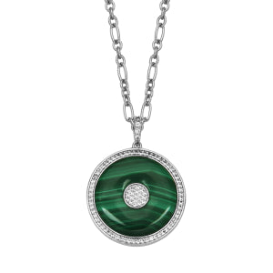 Maharaja Collection Circle Malachite and White Topaz Ring Necklace in Sterling Silver (4.93tcw)