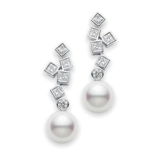 Maharaja Collection Classic Akoya Pearl and Diamond Drop Earrings in 18K White Gold (0.67tcw)
