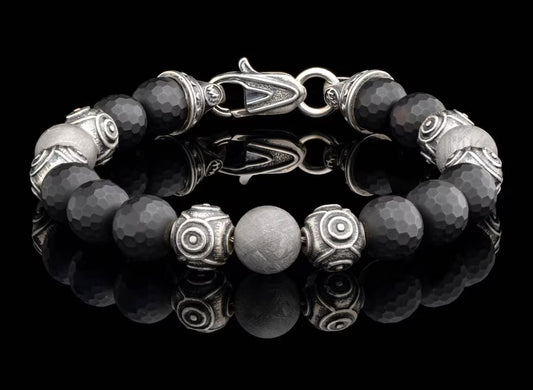 Maharaja Collection Monomyth Black Onyx and Meteorite Bead Bracelet in Platinum