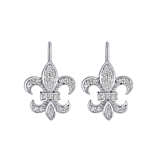 Maharaja Collection Fleur-De-Lis Leverback Earrings in 14K White Gold (0.20ctw)
