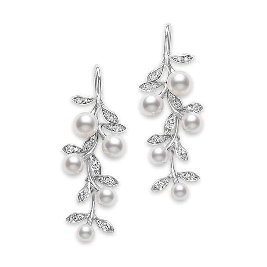 Maharaja Collection Akoya Pearl and Diamond Fishtail Earrings in 18K White Gold (0.54ctw)