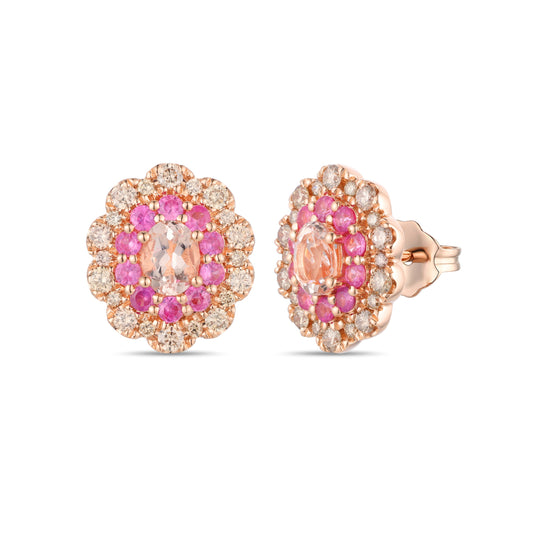 Maharaja Collection Peach Morganite, Bubble Gum Pink Sapphire, and Nude Diamond Earrings in 14K Strawberry Gold (1.38ctw)