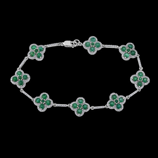 Maharaja Collection Clover Bracelet with Emeralds and Diamonds (4.50tcw) in 14K White Gold