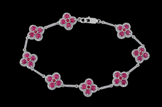 Maharaja Collection Clover Bracelet with Ruby and Diamond in 14K White Gold (4.50tdw)