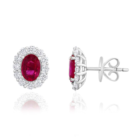 Maharaja Collection Halo Ruby and Diamond Earrings in 18K White Gold (1.55ctw)