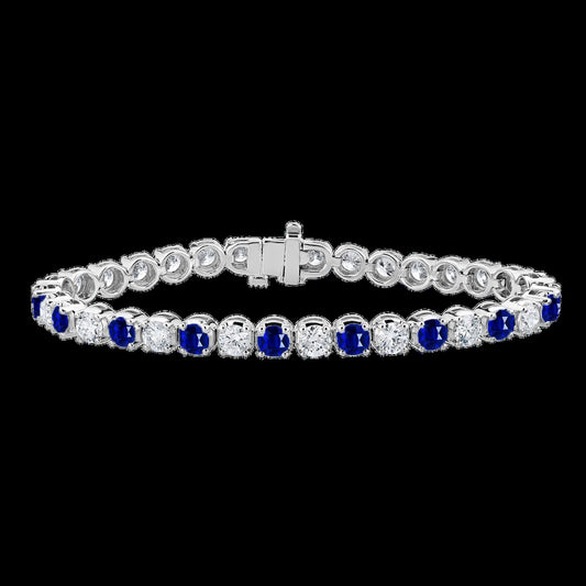 Maharaja Collection Round Diamond and Round Sapphire Tennis Bracelet in 14K White Gold (3.72ctw)