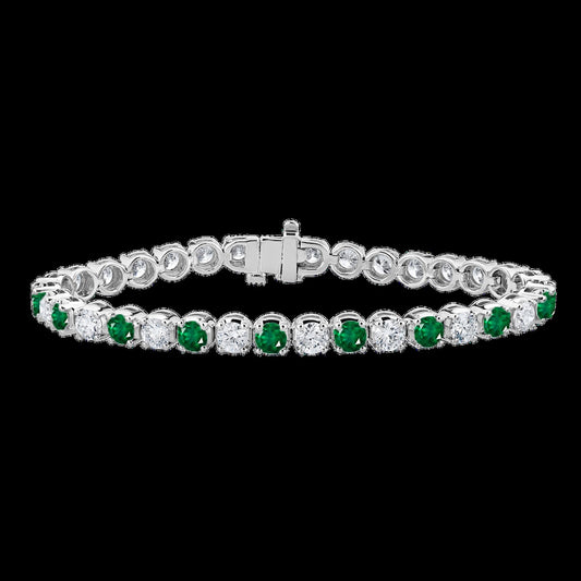 Maharaja Collection Round Diamond and Round Emerald Tennis Bracelet in 14K White Gold (3.14ctw)