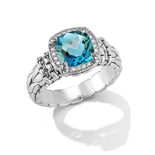 Maharaja Collection Cushion London Blue Topaz Diamond Ring in Sterling Silver (0.06ct)