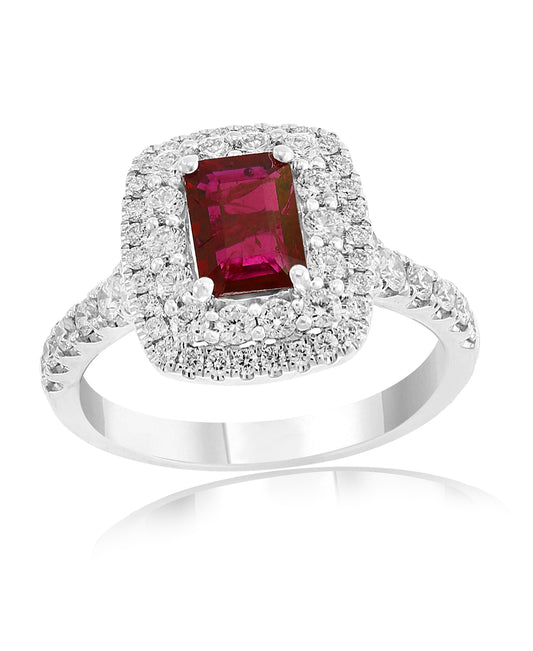Maharaja Collection Halo Ruby and Diamond Ring in 18K White Gold (1.06ct RUB, 0.79ctw Diamonds)