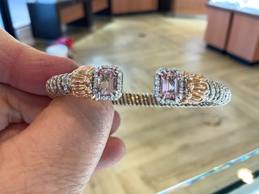 Maharaja Collection Diamond and Morganite Open Bracelet in Sterling Silver and 14K Rose Gold (0.18ctw)