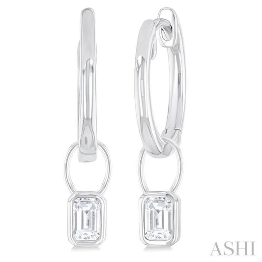 Maharaja Collection Emerald Shape Diamond Bezel Set Huggie Earrings in 14K White Gold (0.30ctw)