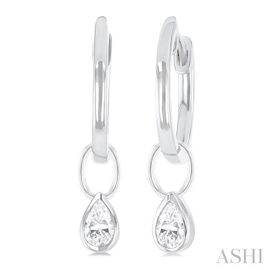 Maharaja Collection Pear Shape Bezel Set Diamond Huggie Fashion Earrings in 14K White Gold (0.30ct)
