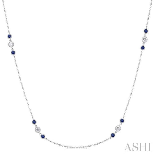 Maharaja Collection Round Sapphire and Diamond Station Necklace in 14K White Gold (0.5ctw)