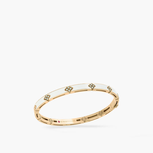 Maharaja Collection Love In Verona Round Diamond and White Enamel Bangle Bracelet in 18K Yellow Gold (0.15ctw)