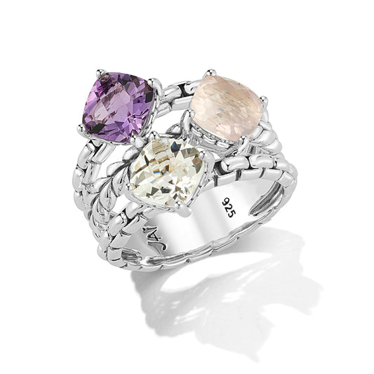 Maharaja Collection Modern Artisan Multi Gemstone Ring with Amethyst, Rose Quartz and White Topaz in Sterling Silver