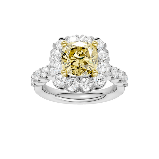 Maharaja Collection Fancy Yellow Cushion Halo Ring in 14K White Gold (3ctw)
