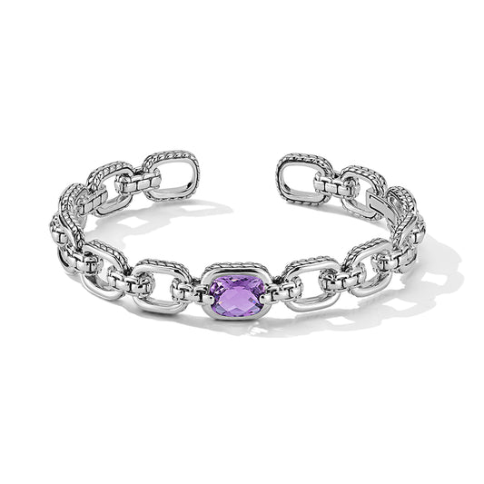 Maharaja Collection Cushion Amethyst Statement Link Cuff Bangle in Sterling Silver