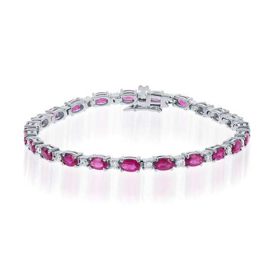 Maharaja Collection Round and Baguette Diamond Ruby Bracelet in 14K White Gold (1.11ctw)