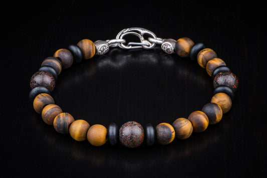 Maharaja Collection Dragon Fire Beaded Bracelet with Red Tiger Eye in Sterling Silver