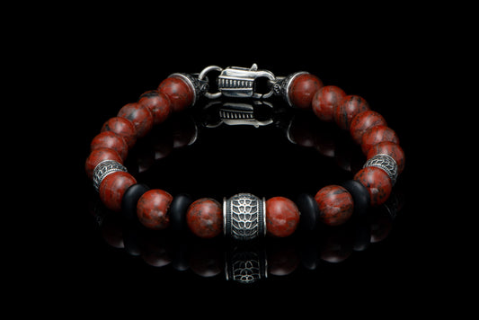 Maharaja Collection Red and Sesame Jasper Beaded Bracelet in Sterling Silver
