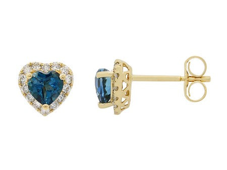 Maharaja Collection Heart Blue Topaz and Round Diamond Stud Earrings in 14K Yellow Gold (1.48ctw)