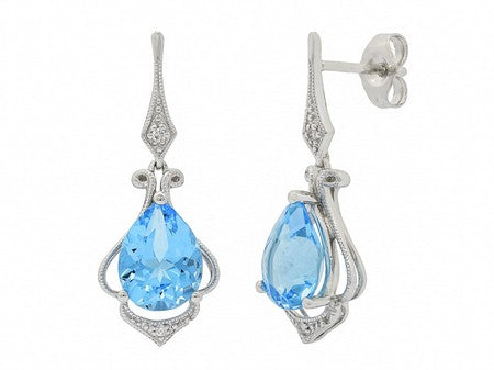 Maharaja Collection Pear Blue Topaz and Round Diamond Earrings in 14K White Gold (3.67ct)