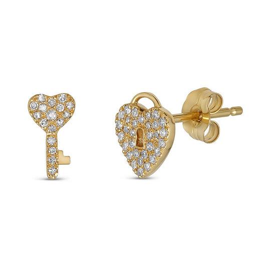 Maharaja Collection Lock & Key Diamond Stud Earrings in 14K Yellow Gold (0.14tdw)