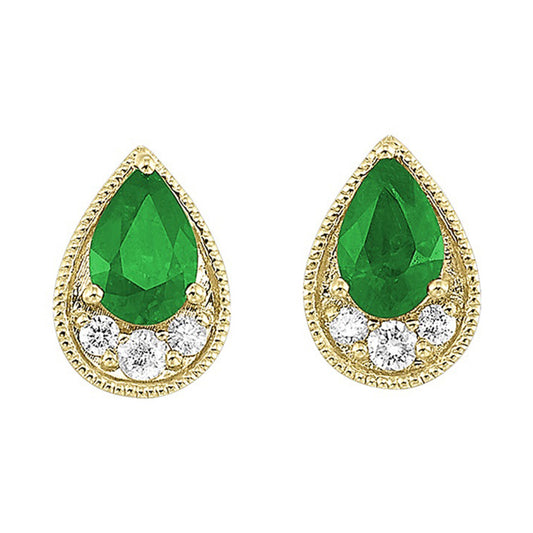 Maharaja Collection Pear Shaped Emerald and Diamond Earrings in 14K Yellow Gold (0.85ctw)