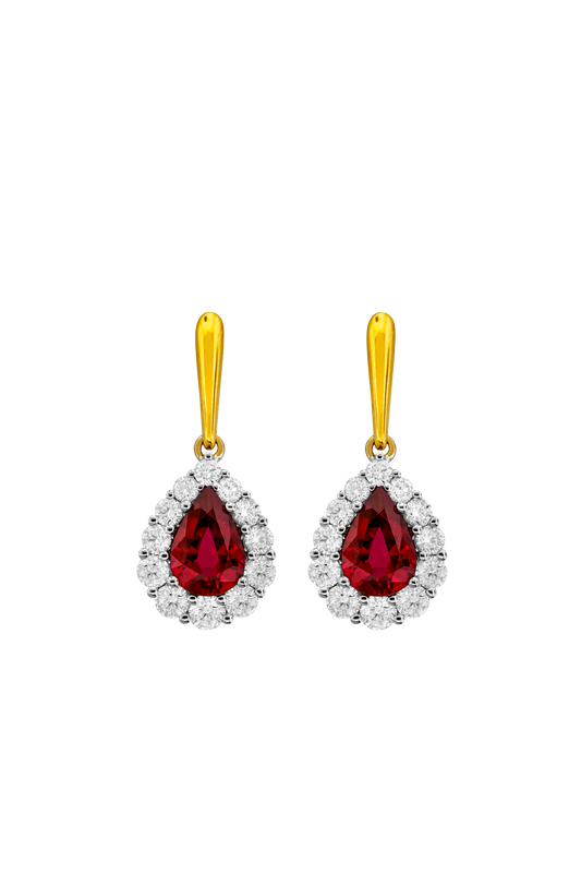 Maharaja Collection Round Diamond and Pear Ruby Drop Earrings in 18K Yellow Gold (2.52ctw)