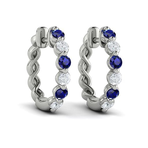 Maharaja Collection Round Diamond and Blue Sapphire Twist Hoop Earrings in White Gold (0.78ct)