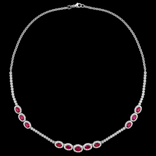 Maharaja Collection Diamond and 11 Ruby Stones Station Necklace in White Gold (10.01ct)