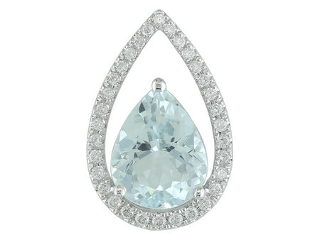 Maharaja Collection Pear Aqua and Round Diamond Pendant Necklace in 14K White Gold (2.27ctw)