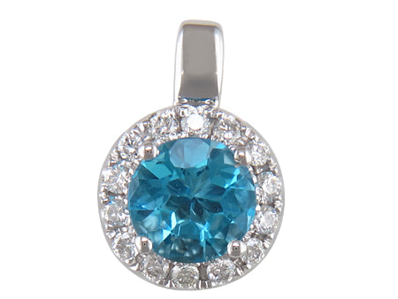 Maharaja Collection Round Blue Topaz and Diamond Pendant Necklace in 14K White Gold (1.21ctw)