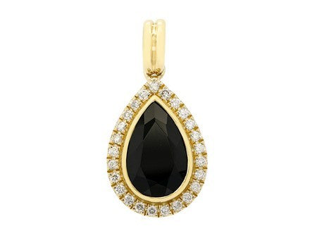 Maharaja Collection Pear Shape Black Agate Pendant with Chain in 14K Yellow Gold