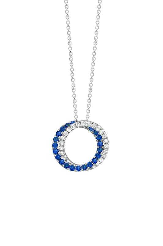 Maharaja Collection Round Diamond and Round Sapphire Pendant Necklace in 18K White Gold (0.89ctw)