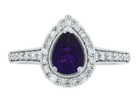 Maharaja Collection Round Diamond and Pear Amethyst Halo Ring in 14K White Gold (0.92ctw)