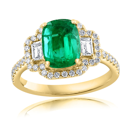 Maharaja Collection Round and Emerald Cut Diamond Ring with Genuine Emerald Center Stone in 18K Yellow Gold (2.73ctw)