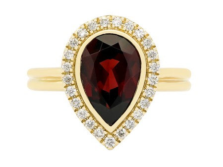 Maharaja Collection Pear Shape Garnet and Diamond Halo Ring in 14K Yellow Gold (2.81ct)