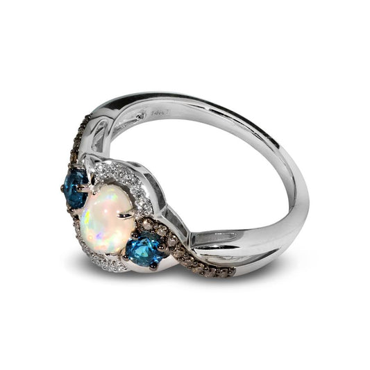 Maharaja Collection Neopolitan Opal, Deep Sea Blue Topaz and Chocolate Diamonds Ring in 14K Vanilla Gold (1.31ct)