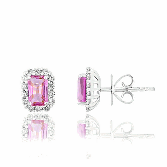 Maharaja Collection Pink Sapphire and Diamond Halo Earrings in 18K White Gold (1.55ctw)