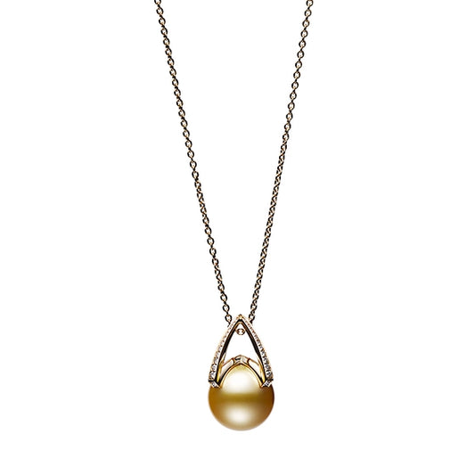 Maharaja Collection A+ Golden South Sea Cultured Pearl and Diamond Pendant Necklace in 18K Yellow Gold (0.25ctw)